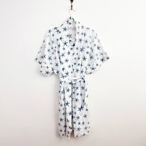 Vermont Country Store Starfish Print Cotton Robe & Nightgown Set White Blue S